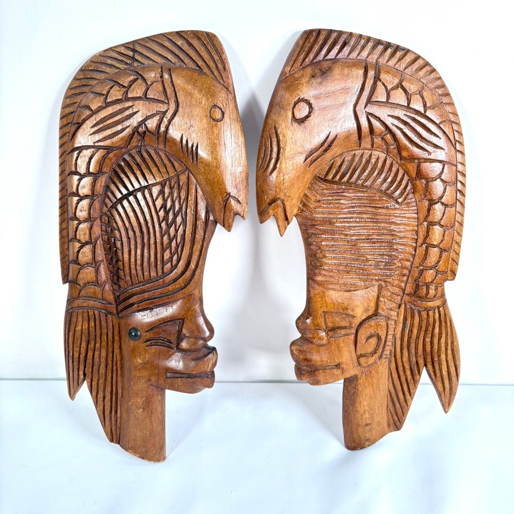 Vintage 70's Hand Carved Wood Wall Art Brown Pair Face Fish Tribal Folk Art MCM‎